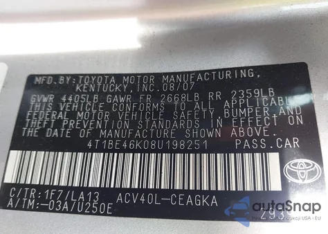 2008 Toyota Camry Xle z USA, uszkodzony, nr VIN 4T1BE46K08U198251